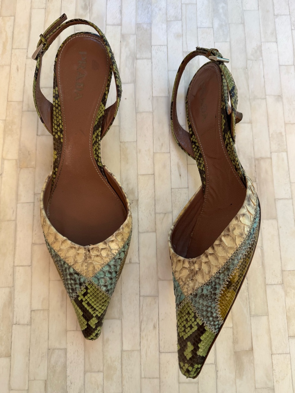 Prada 1P5478 Patch Summer Menta Python Snakeskin Slingback Heels 37 Y2K Shoes - Picture 10 of 10